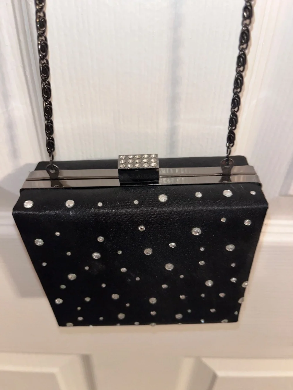 Black Satin Faux Diamond Purse Clutch - Long Metal Strap